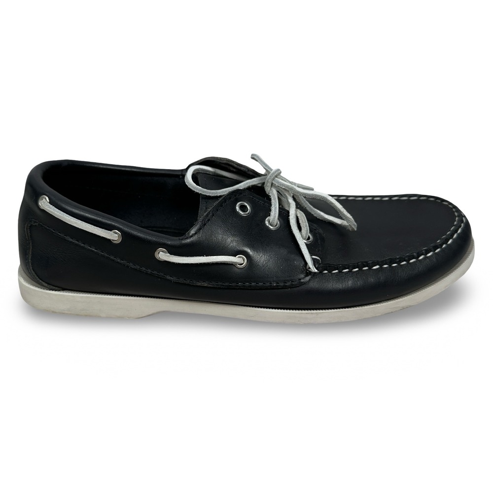 Quoddy Mens Navy Blue Leather Boat Shoes Handsewn Nautical Loafers Size 10